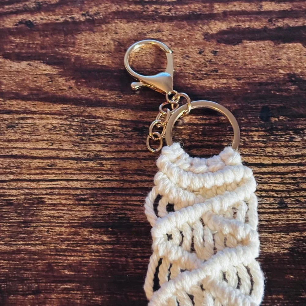 Handmade Macrame Keychain Boho Tassel Bag Charm Off White Gold Tone Hardware